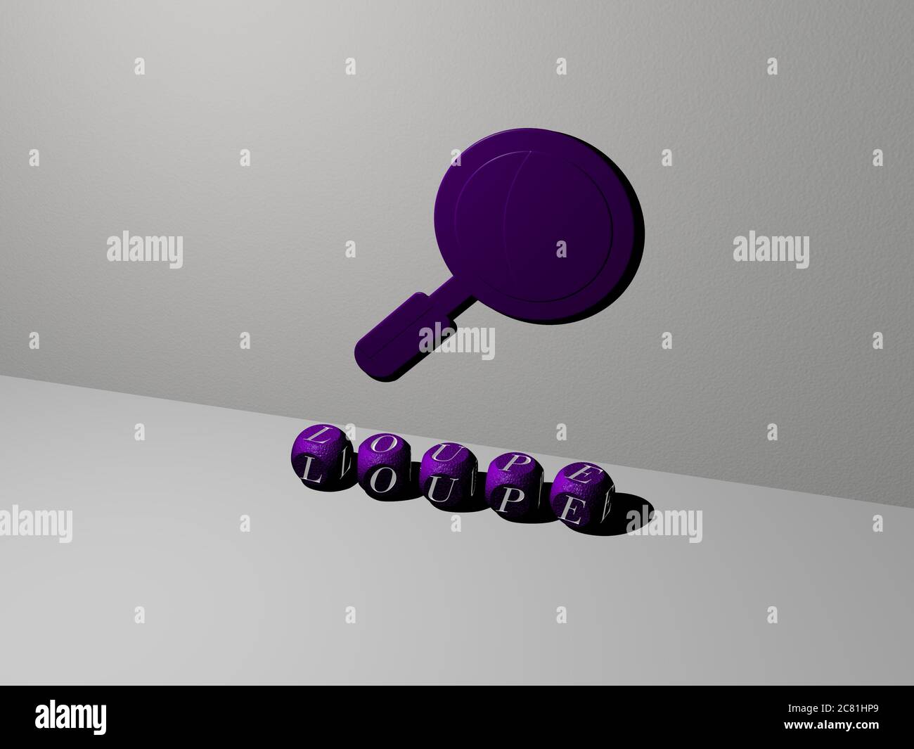 3D representation of loupe with icon on the wall and text arranged by