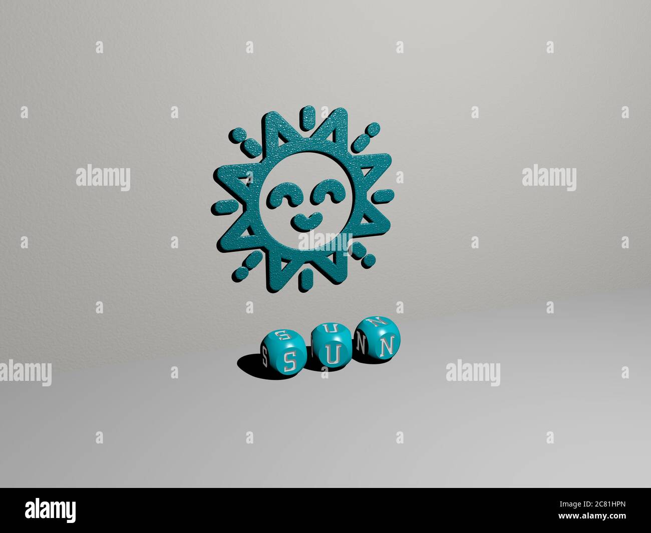3D graphical image of sun vertically along with text built by metallic ...