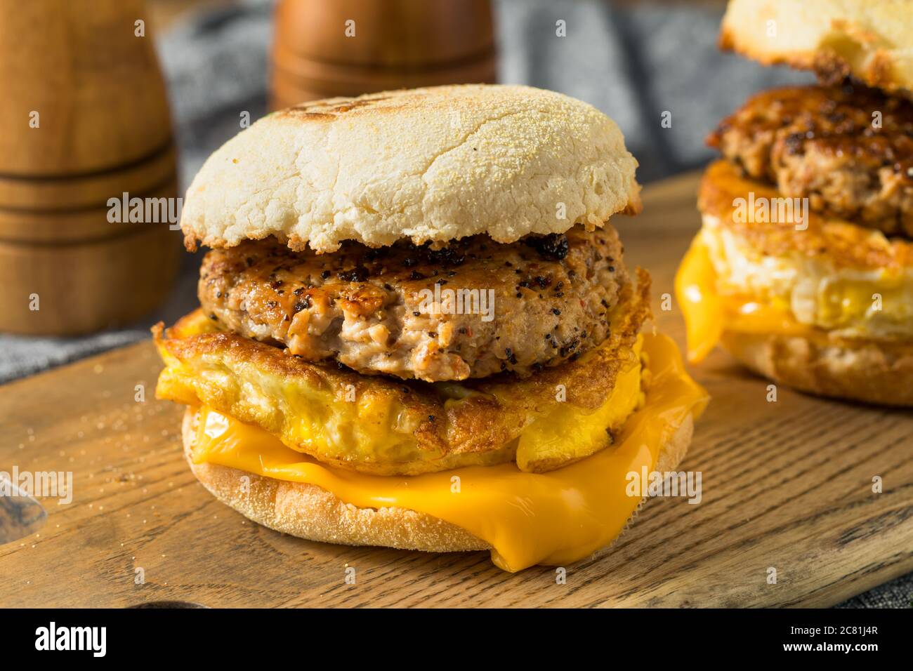 Homemade Breakfast Sausage Patty Sandwich with Eggs and Cheese Stock