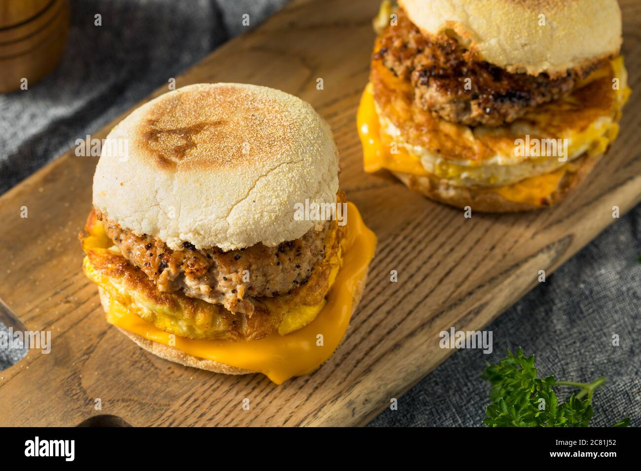 Homemade Breakfast Sausage Patty Sandwich with Eggs and Cheese Stock