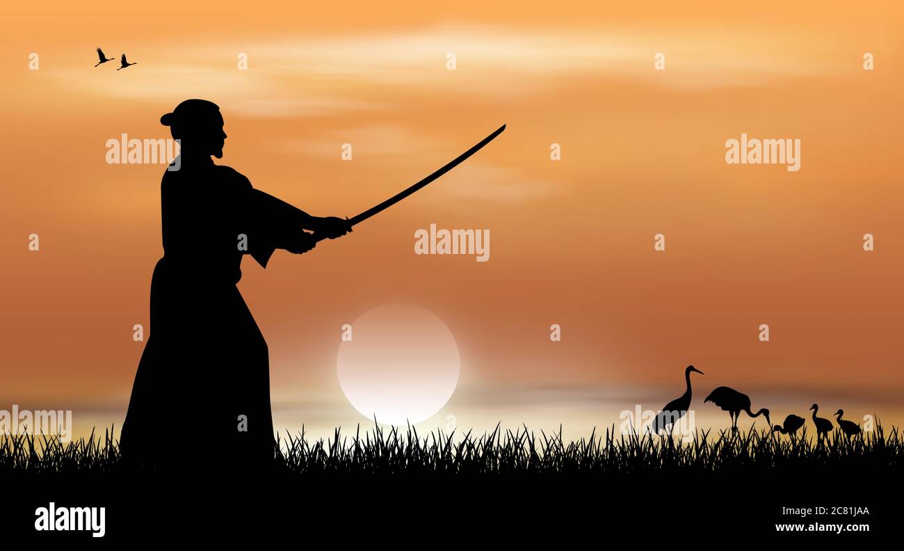 Samurai stands with a sword in his hands against the backdrop of a sunny sunset. Japanese landscape. Stock Vector