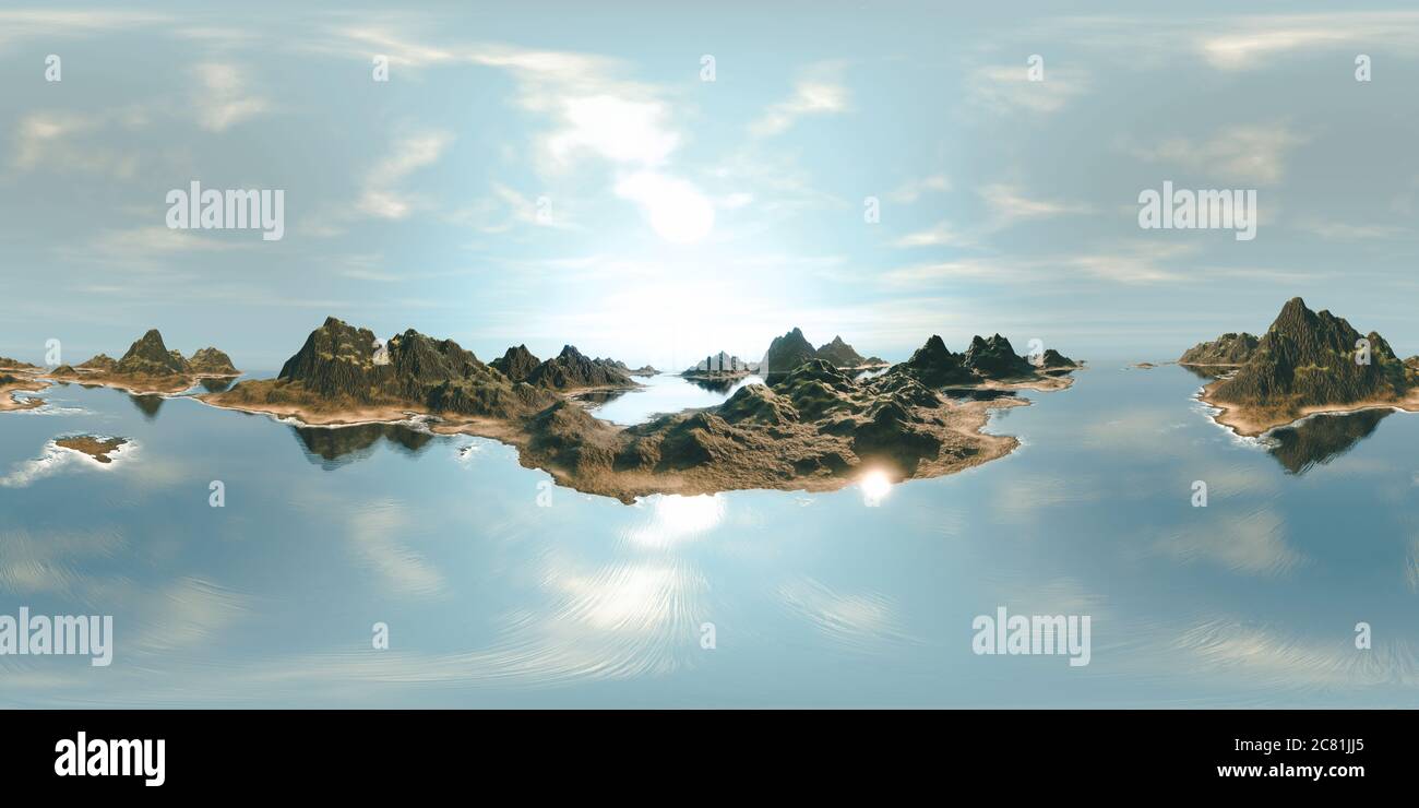 8K HDRI map: ocean, islands, mountains, sandy beaches, sun, sky (realistic 360 degree render,  background environment, 3d equirectangular panorama) Stock Photo