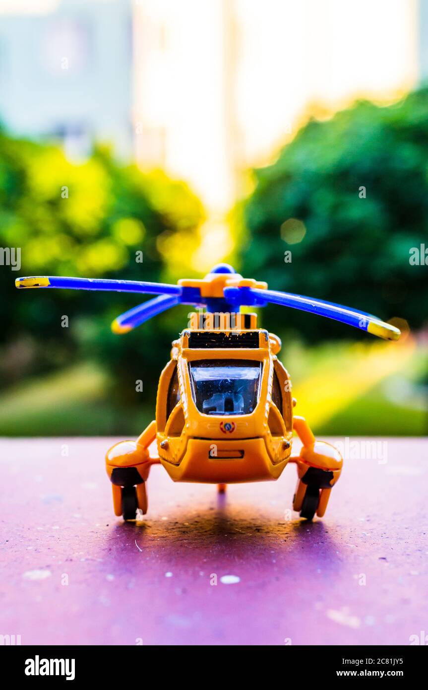 POZNAN, POLAND - Jul 03, 2020: Front of a Yellow Fireman Sam Wallaby toy  helicopter in soft focus background Stock Photo - Alamy