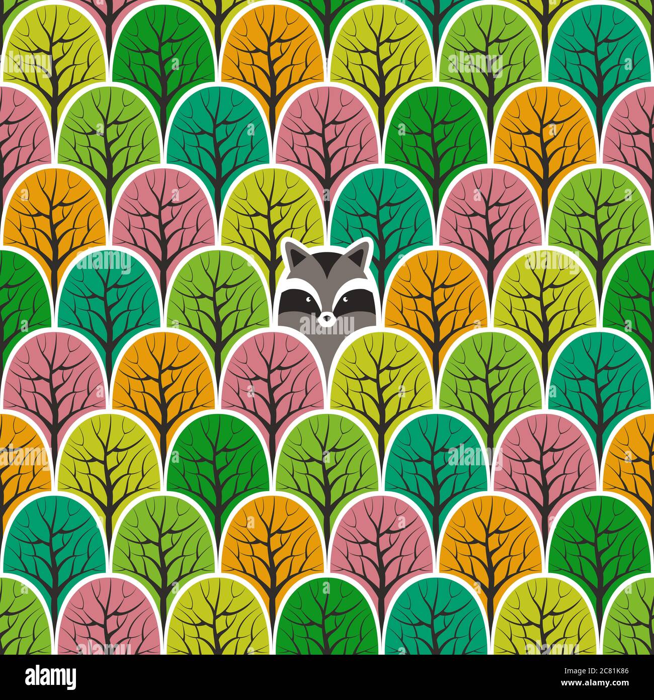 Raccoon in a forest seamless pattern. Vector design background Stock ...