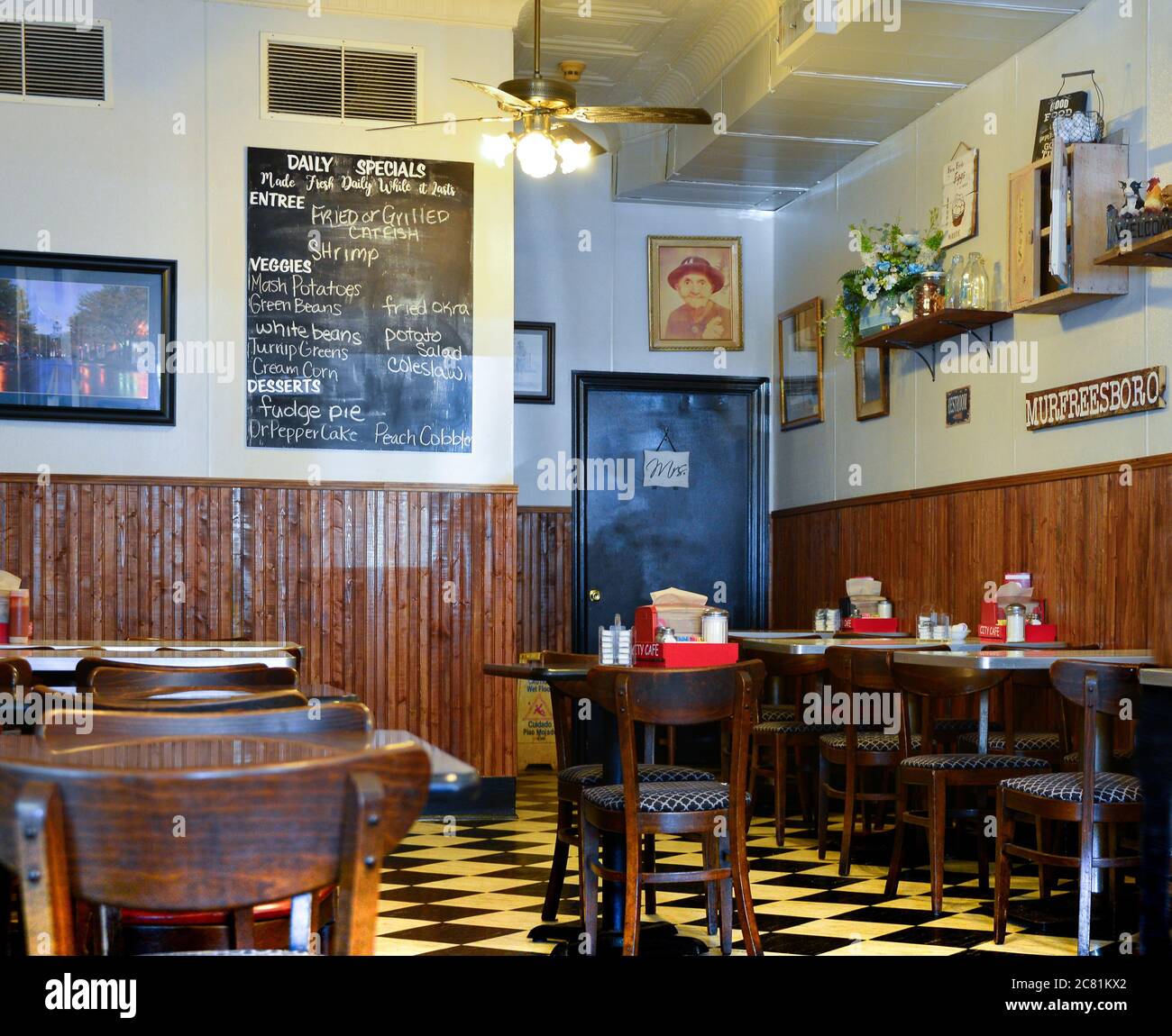 Interior of the City Cafe with blackboard menu, a mainstay known as the oldest restaurant in TN, on the square in Murfreesboro, TN Stock Photo
