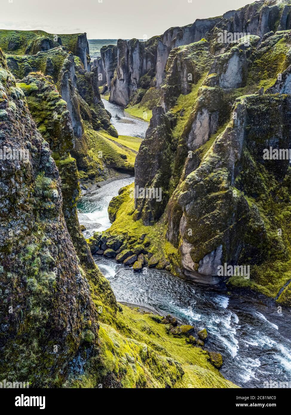 Fjadrargljufur is a magnificent and massive canyon, about 100 meters deep and about two kilometres long. The canyon has sheer walls Stock Photo