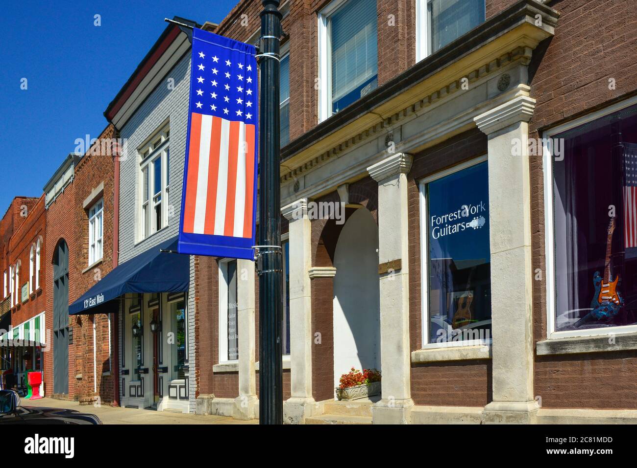 A guitar store with window displays on the town square in historic Murfreesboro, TN Stock Photo