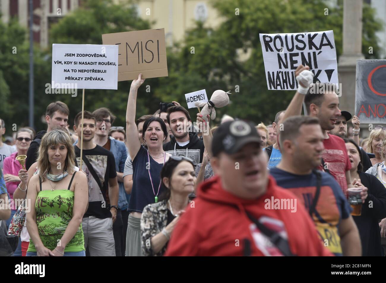 About 2,000 people protests against the steps taken by the government and the Regional Public Health Station (KHS) when dealing with the coronavirus spread in Ostrava, Moravia, Czech Republic, July 20, 2020. The protesters said the government and its bodies had proceeded in a confusing and chaotic way and informing the public about its measures belatedly. The people decided to take to the streets after the KHS stiffened the lockdown measures on Friday, July 17. They took effect immediately after being declared. (CTK Photo/Jaroslav Ozana) Stock Photo