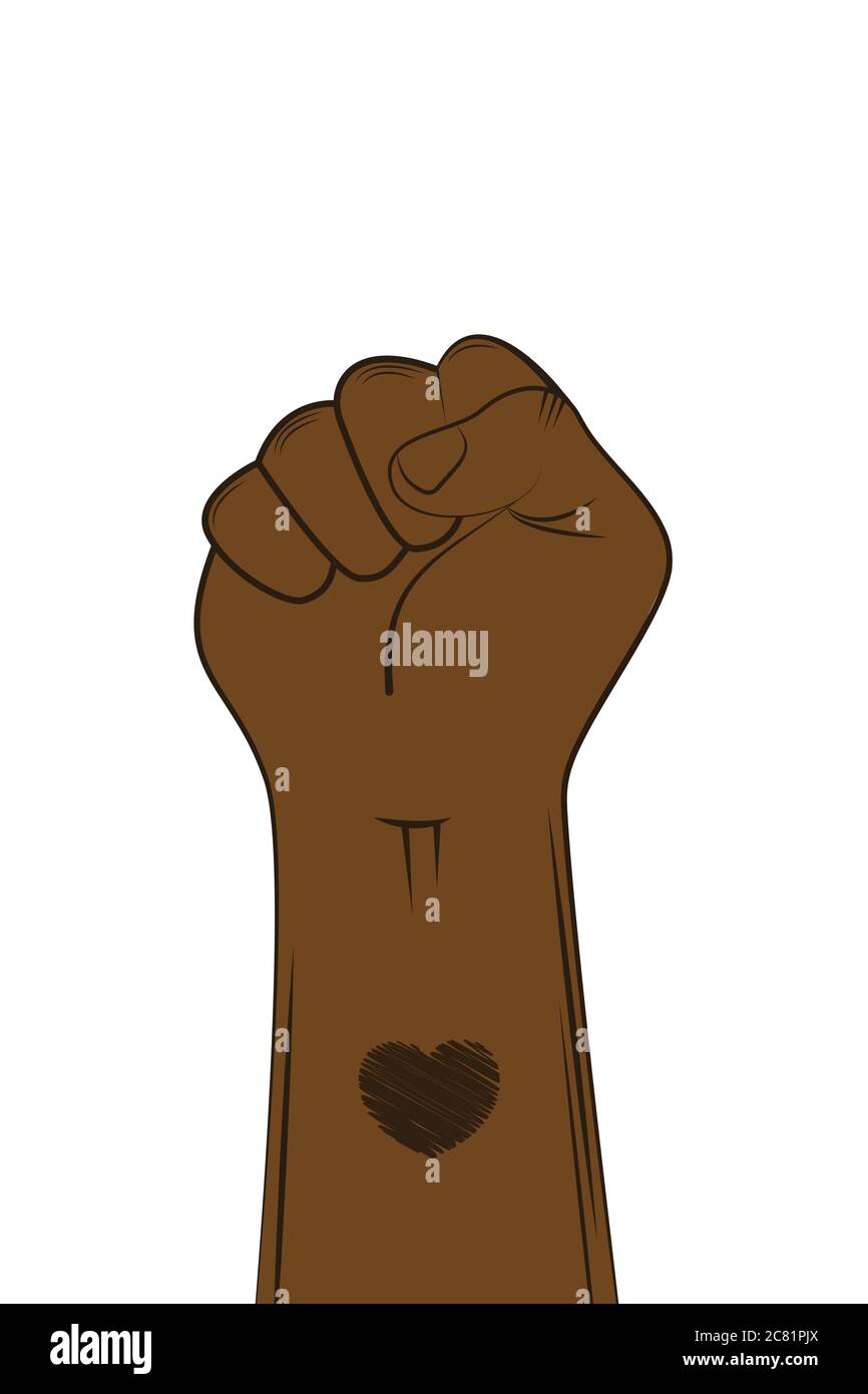 Cartoon clenched hand in a fist isolated on white background. Heart symbol on wrist. Black Lives Matter protest in USA. Vector Illustration. EPS 10 Stock Vector