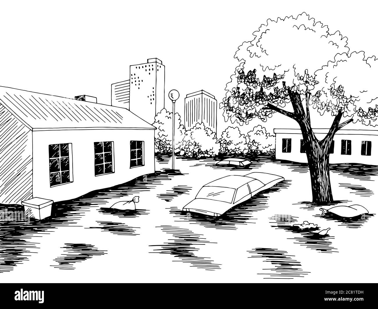 Flood graphic black white landscape city sketch illustration vector Stock Vector