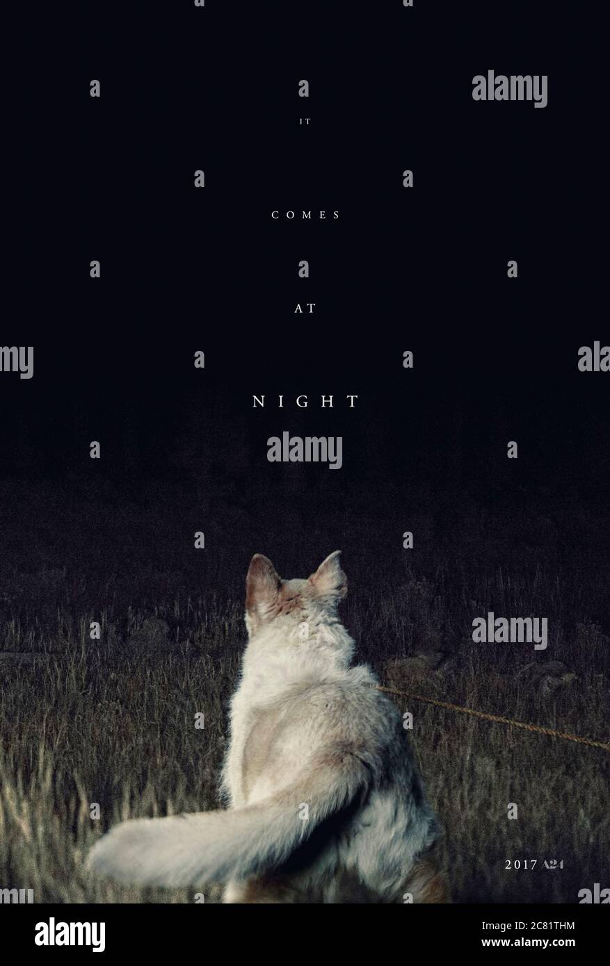 It Comes at Night (2017) directed by Trey Edward Shults and starring Joel Edgerton, Christopher Abbott, Carmen Ejogo and Riley Keough. A family sheltering from a threat in an isolated home are disturbed by a family seeking refuge. Stock Photo