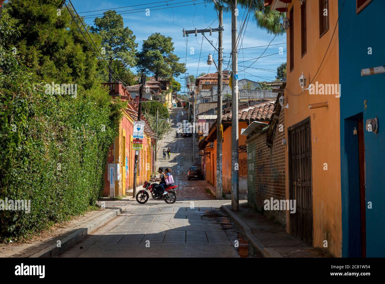 Motorbike in the street in the historic quarter of San Cristobal de las Casas; San Cristobal de las Casas, Chiapas, Mexico Stock Photo