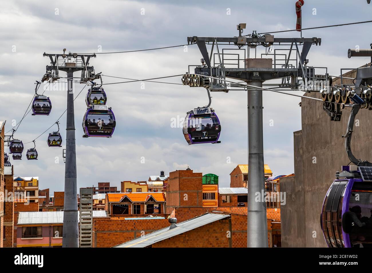 Mi Teleferico aerial cable cars along the purple line; La Paz, La Paz, Bolivia Stock Photo