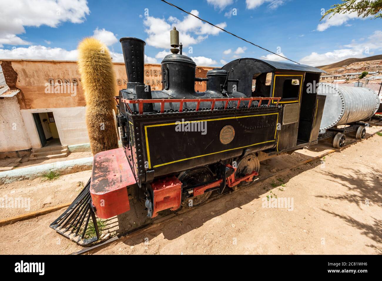 Baldwin locomotive 14301, built in 1895, partially restored and plinthed above mine entrance; Pulacayo, Potosi Department, Bolivia Stock Photo