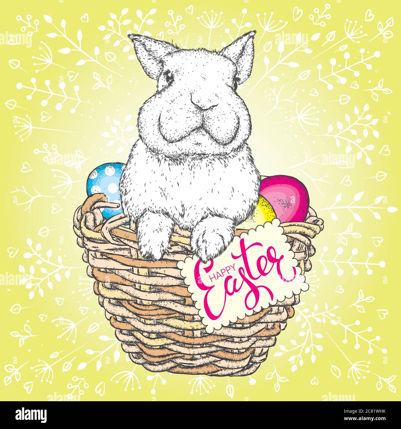 Cute Cute bunny in a basket with Easter eggs. Vector illustration ...