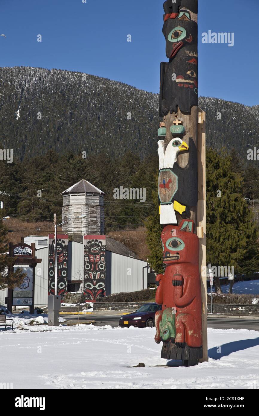 Baranof Totem Pole At Totem Pole In Downtown Sitka, Southeast Alaska Stock Photo