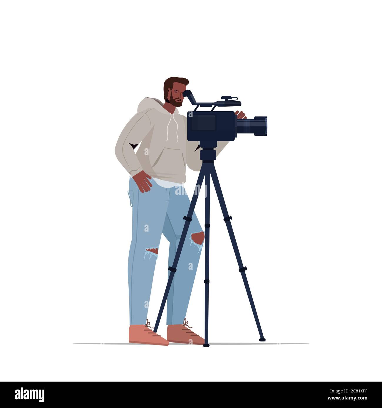 african american television operator using video camera on tripod cameraman looking through camcorder movie making concept full length vector illustration Stock Vector