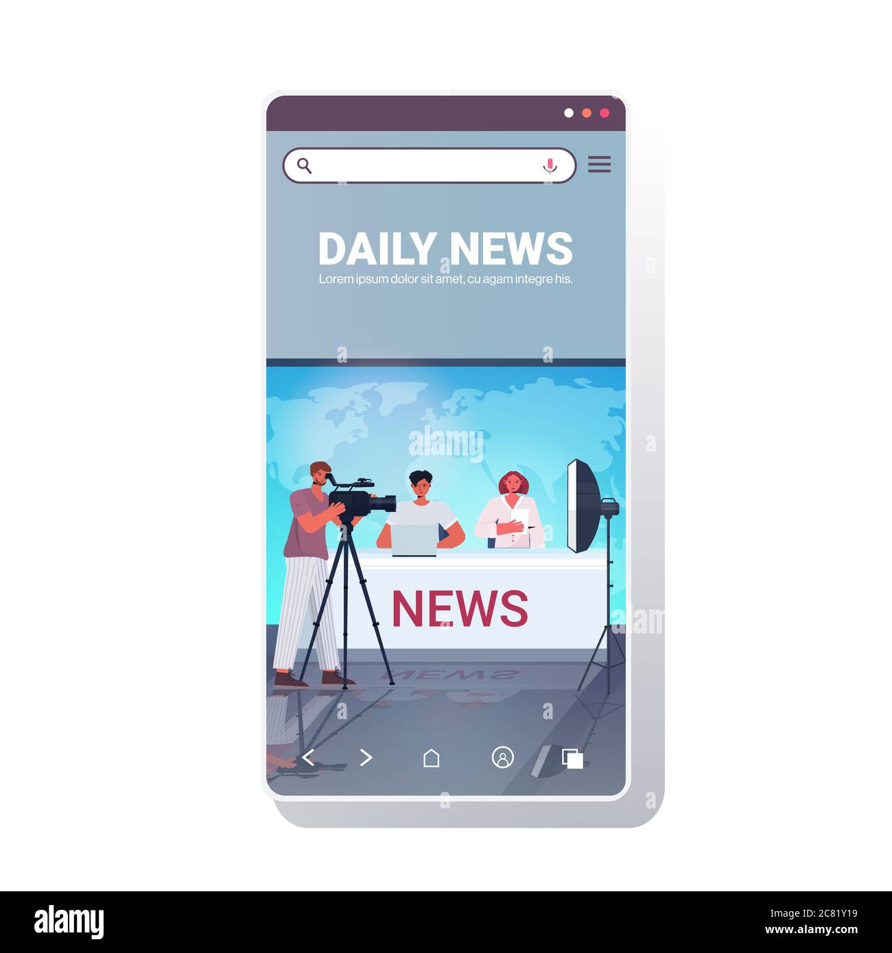 presenters broadcasting with cameraman on television people discussing daily news at modern tv studio smartphone screen mobile app full length copy space vector illustration Stock Vector