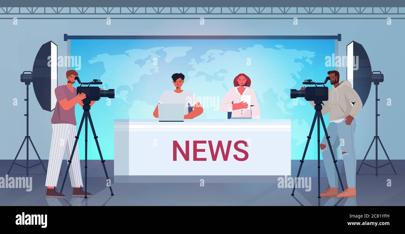 Broadcasting Horizontal presenters broadcasting with cameramen on television people discussing ...