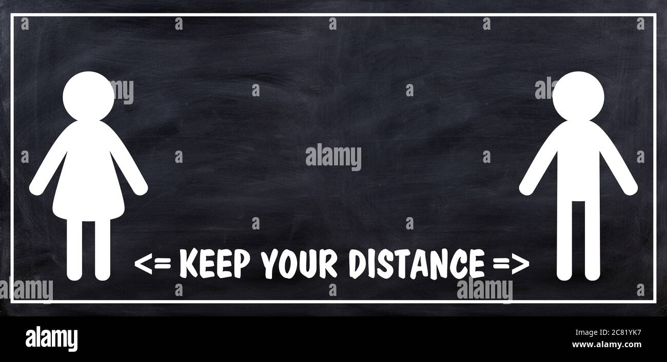 Children students and KEEP YOUR DISTANCE text message against black background, banner. Coronavirus spread in school prevention measure, sign template Stock Photo