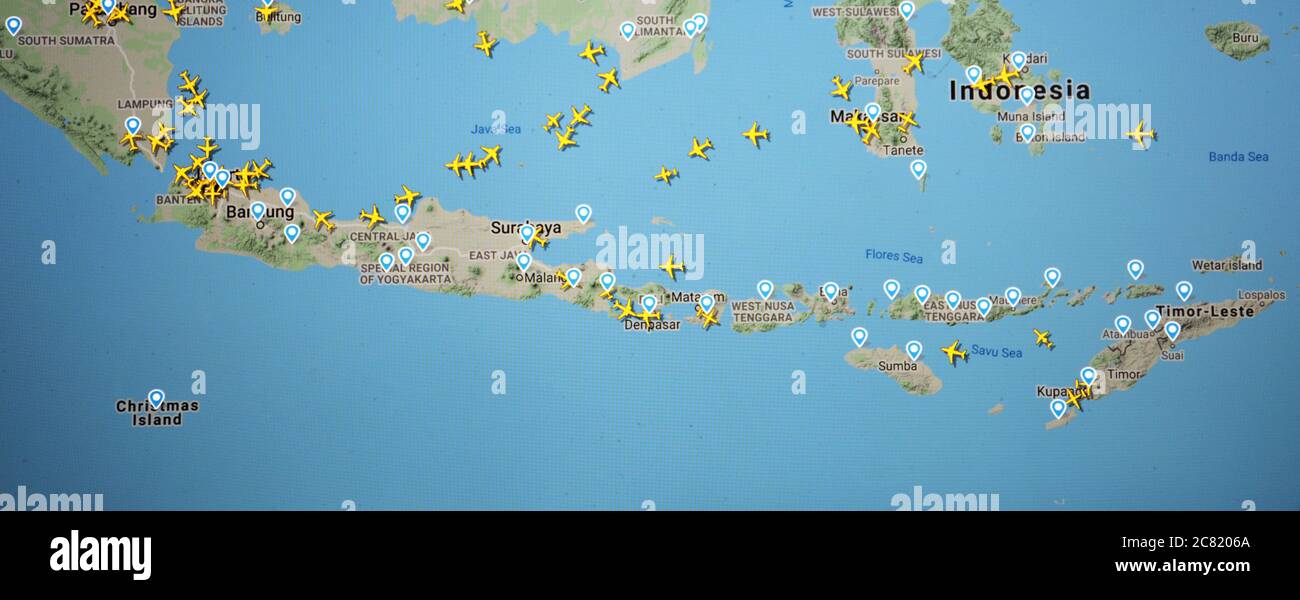 air traffic above Malaysia and Indonesia (20 july 2020, UTC 07.24) on Internet with Flightradar 24 site, during the Coronavirus Pandemic Stock Photo