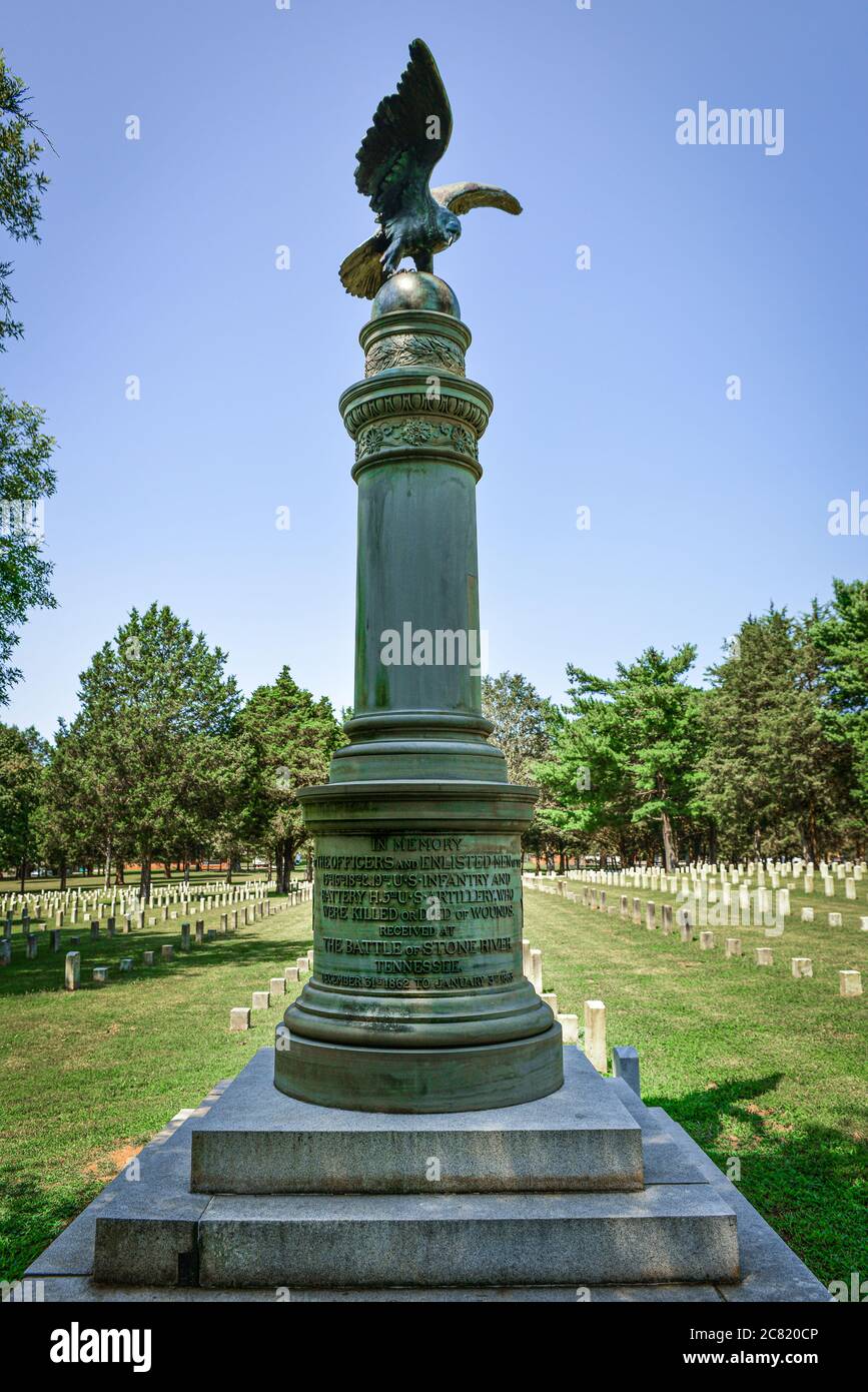 A tall granite statue topped with bronze eagle overlooks the Stones