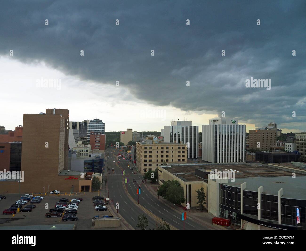 Storm clouds over downtown Saskatoon, Saskatchewan, Canada Stock Photo