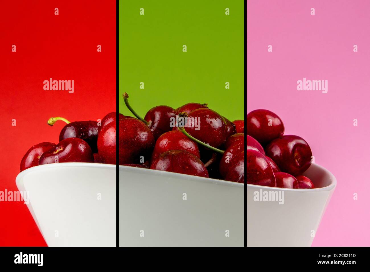 collection of many cherries in white ceramic bowls on various