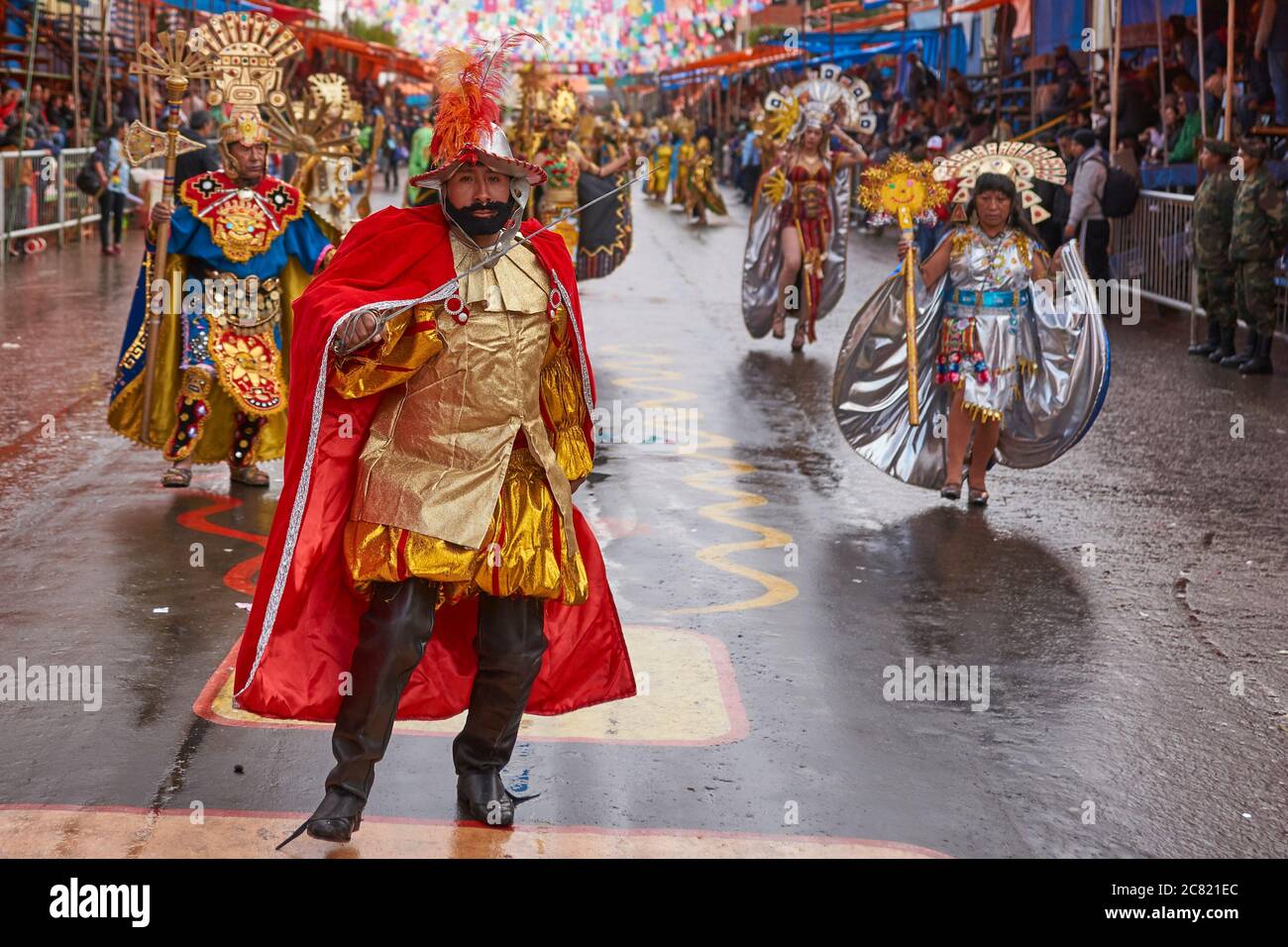 Dance group dressed in conquistador and Inca costumes parading through the  mining city of Oruro on the Altiplano of Bolivia during the annual carnival  Stock Photo - Alamy