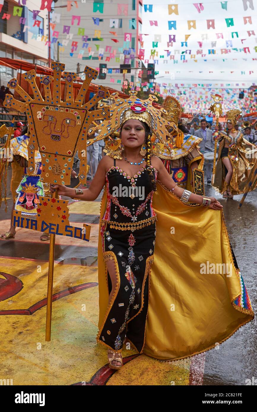 Dancer dressed in ornate Inca style costume parading through the mining  city of Oruro on the Altiplano of Bolivia during the annual carnival Stock  Photo - Alamy