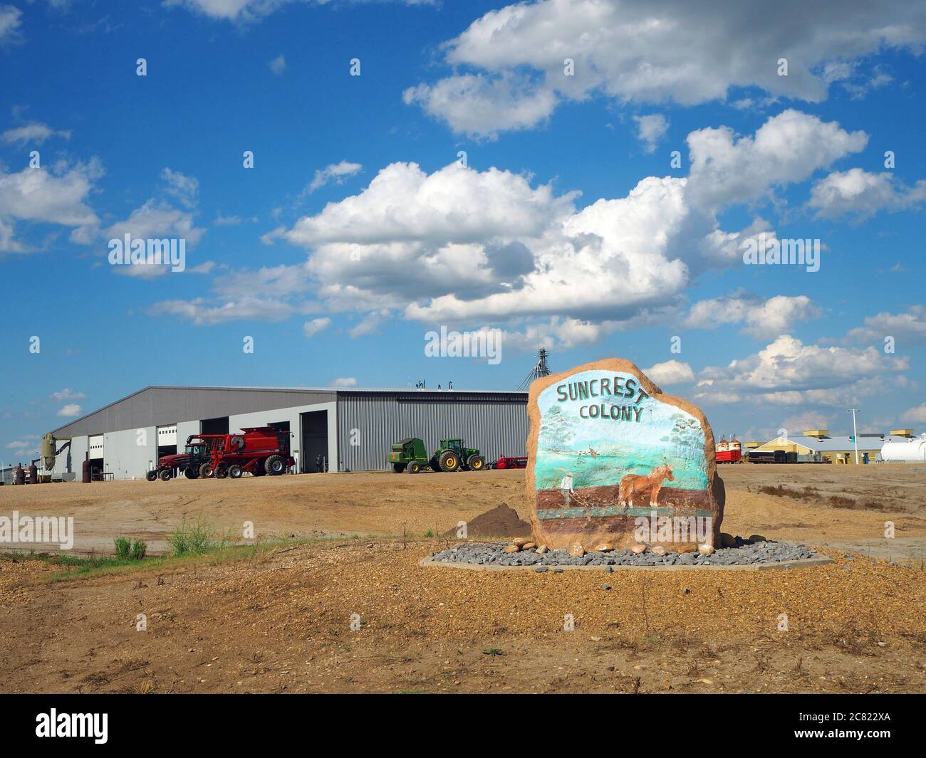 Suncrest Colony sign, Hutterite colony community, near Coronation, Alberta, Canada Stock Photo