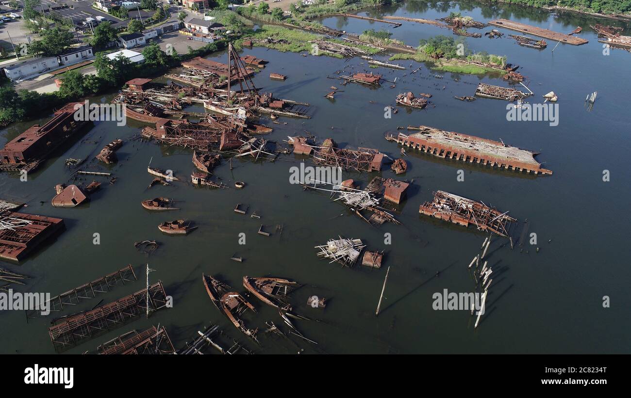 Ships decaying at the Arthur Kill Ship graveyard along the Arthur Kill and Staten Island Stock