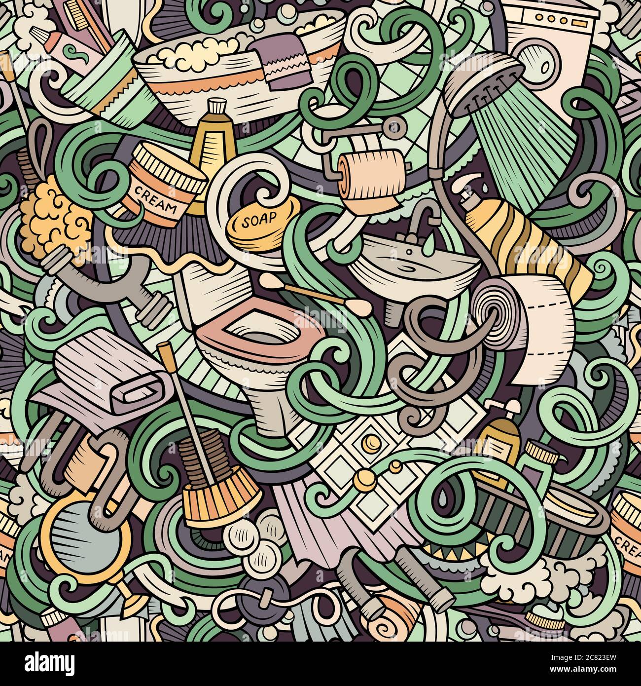 Cartoon cute doodles Bathroom seamless pattern Stock Vector