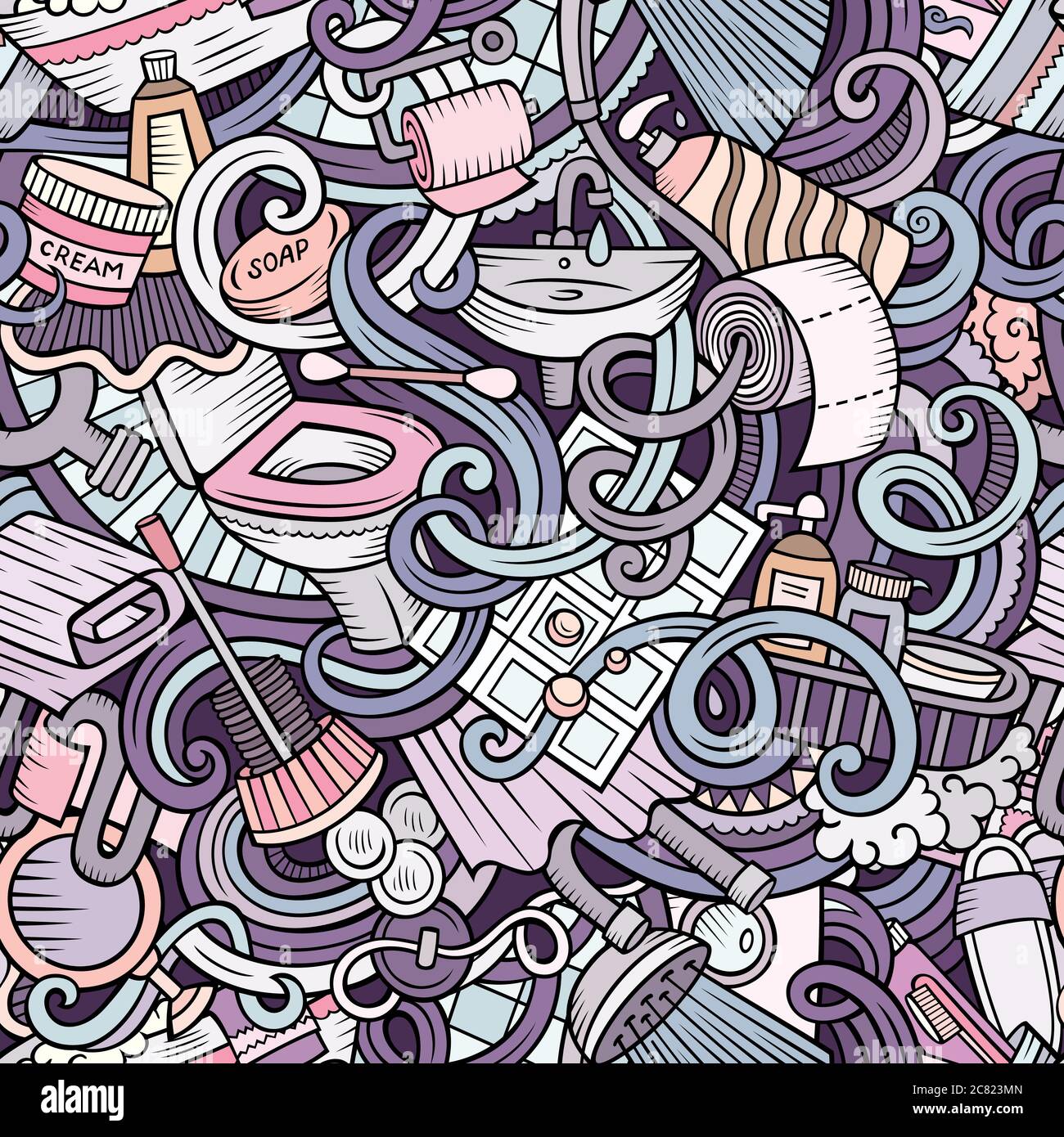 Cartoon cute doodles Bathroom seamless pattern Stock Vector
