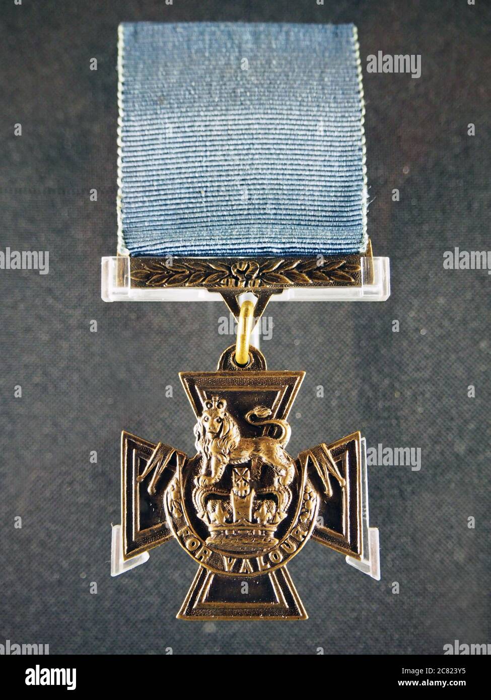 Victoria Cross with a rare Royal Navy blue ribbon, which was awarded to Able-Seaman William Neilson Edward Hall, on display at the Nova Scotia Museum, Stock Photo