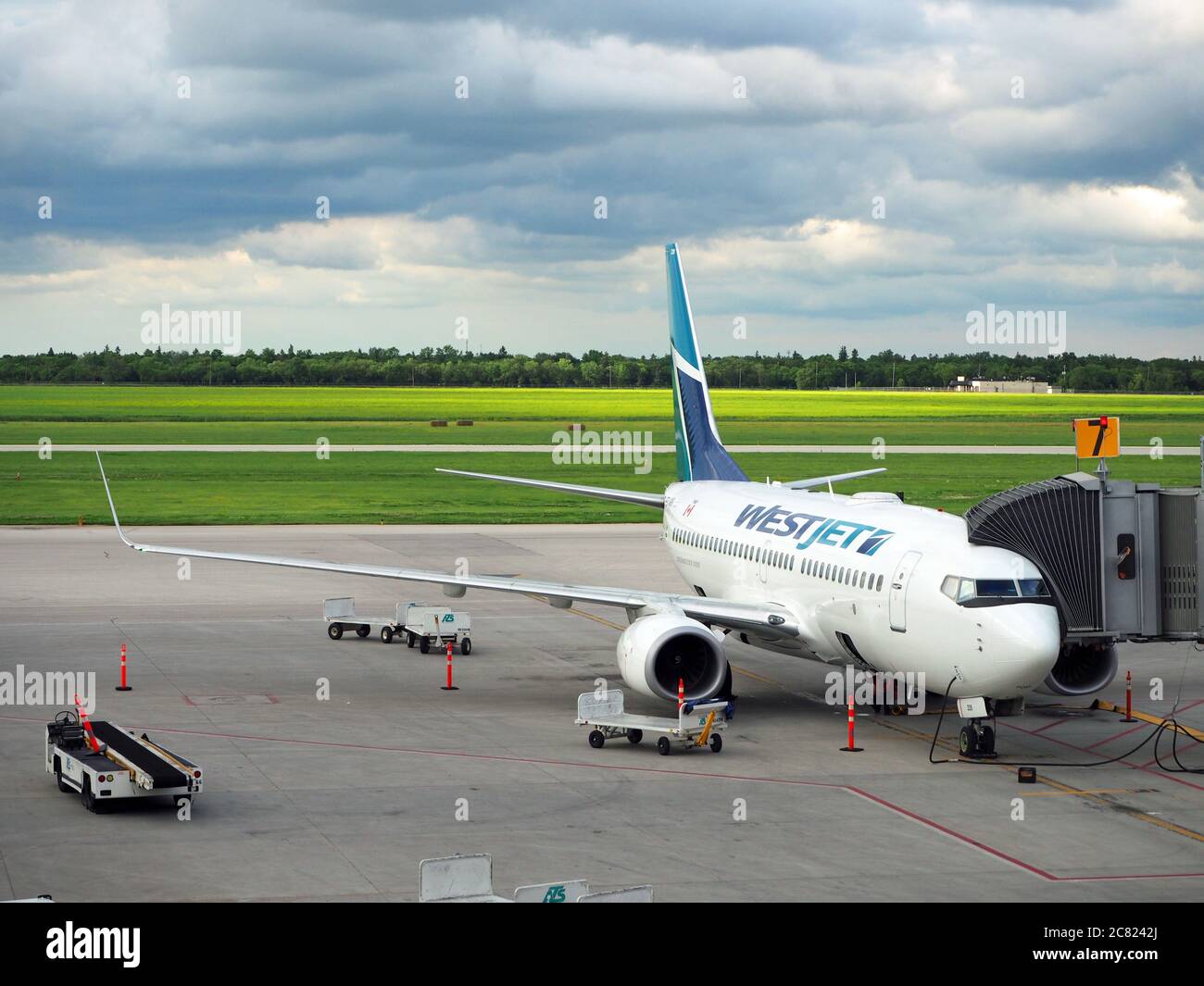 Westjet aircraft on stand, Canada. Stock Photo