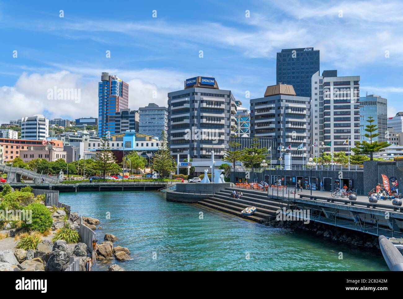 Downtown Wellington skyline from Whairepo Lagoon, Wellington, New Zealand Stock Photo