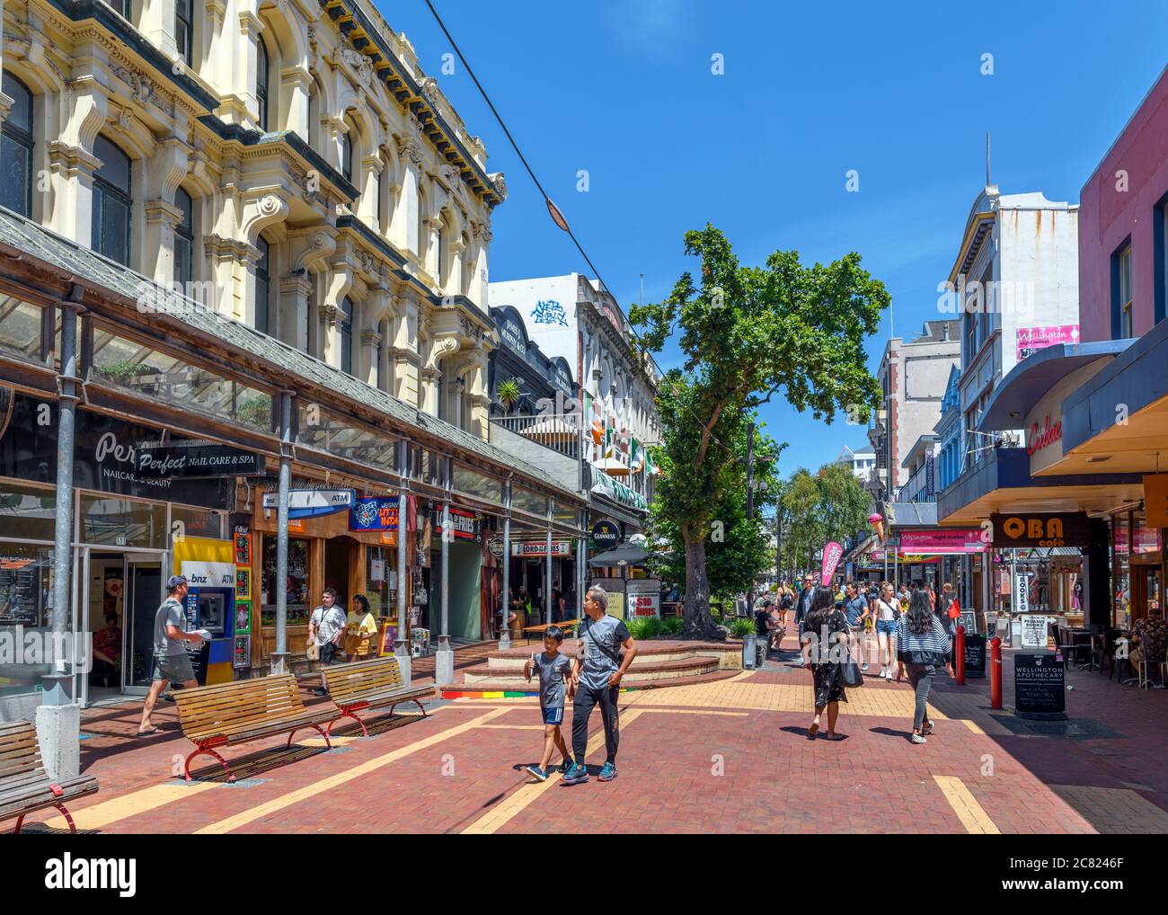 Shops, bars and cafes on Cuba Street, Wellington, New Zealand Stock Photo