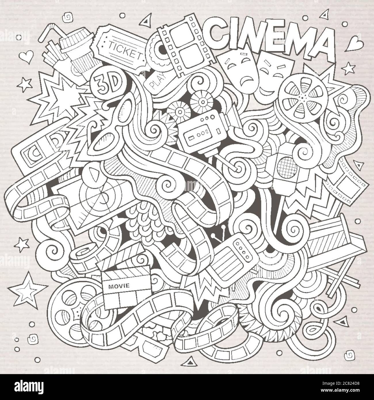 Cartoon vector hand-drawn Cinema Doodle. Sketchy design Stock Vector ...