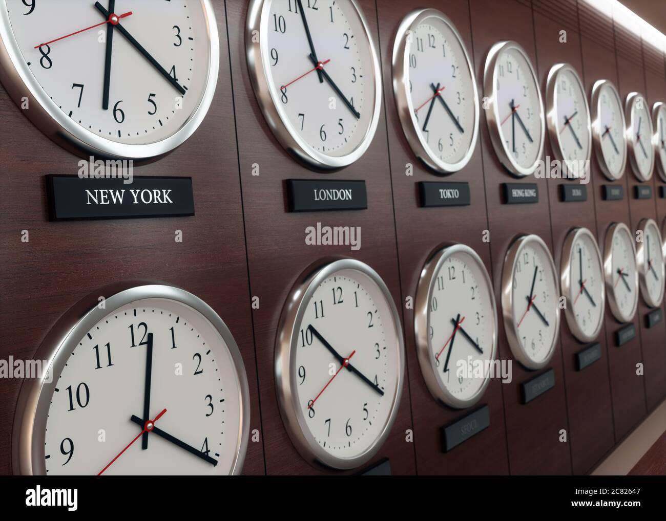 World wide time zone clock. Clocks on the wall, showing the time around the world. Stock Photo