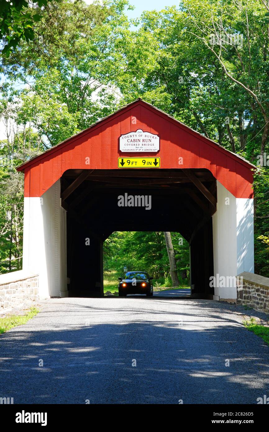 BUCKS COUNTY, PA 14 JUL 2020 View of the Cabin Run Bridge, a red