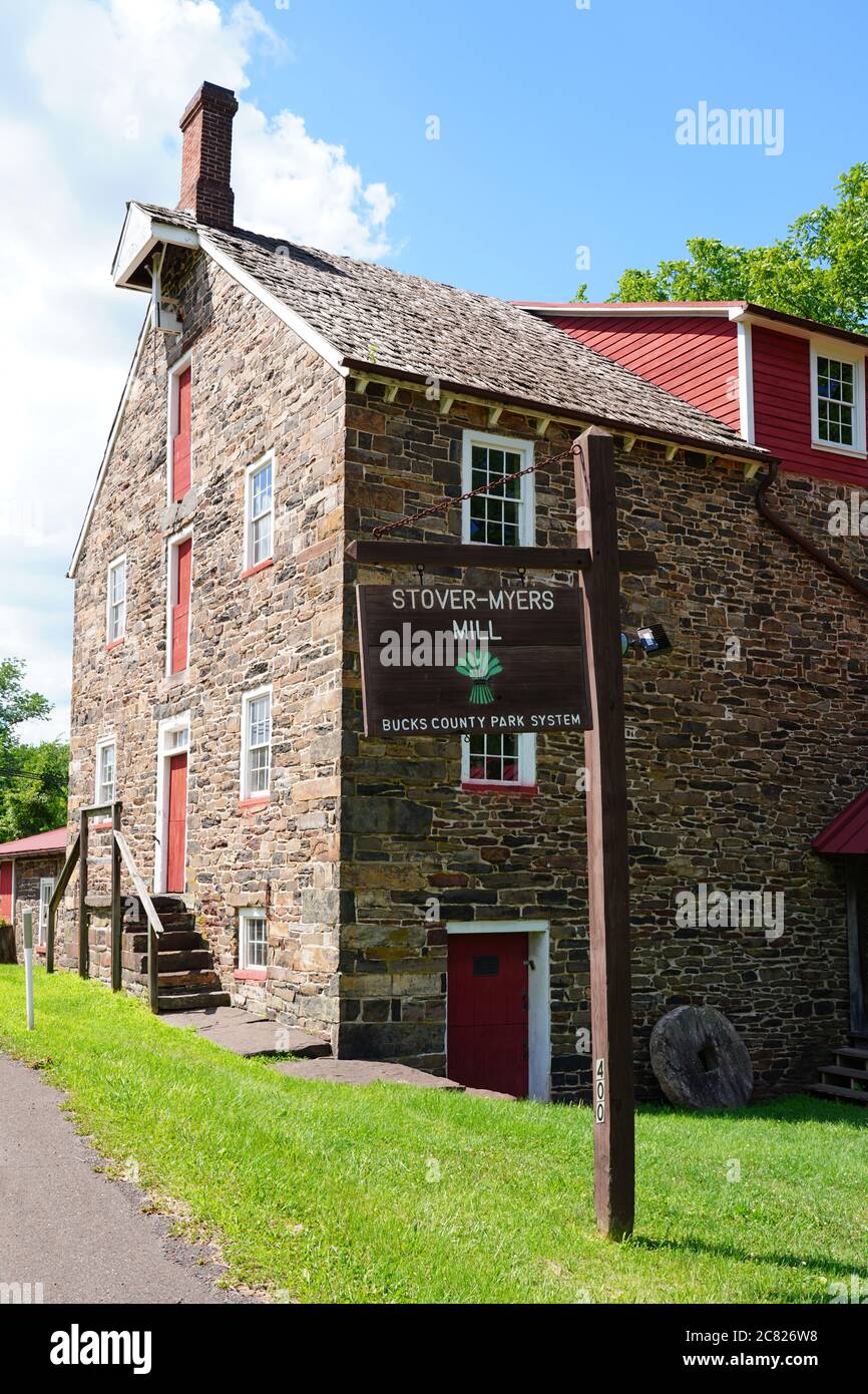 BUCKS COUNTY, PA –14 JUL 2020- View of the Stover-Myers Mill, a historic red watermill located in Bedminster Township, Bucks County, Pennsylvania, Uni Stock Photo