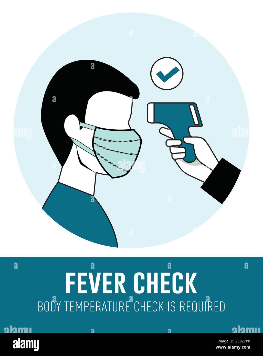 Showing Body Temperature Check Sign. holding a noncontact thermometer
