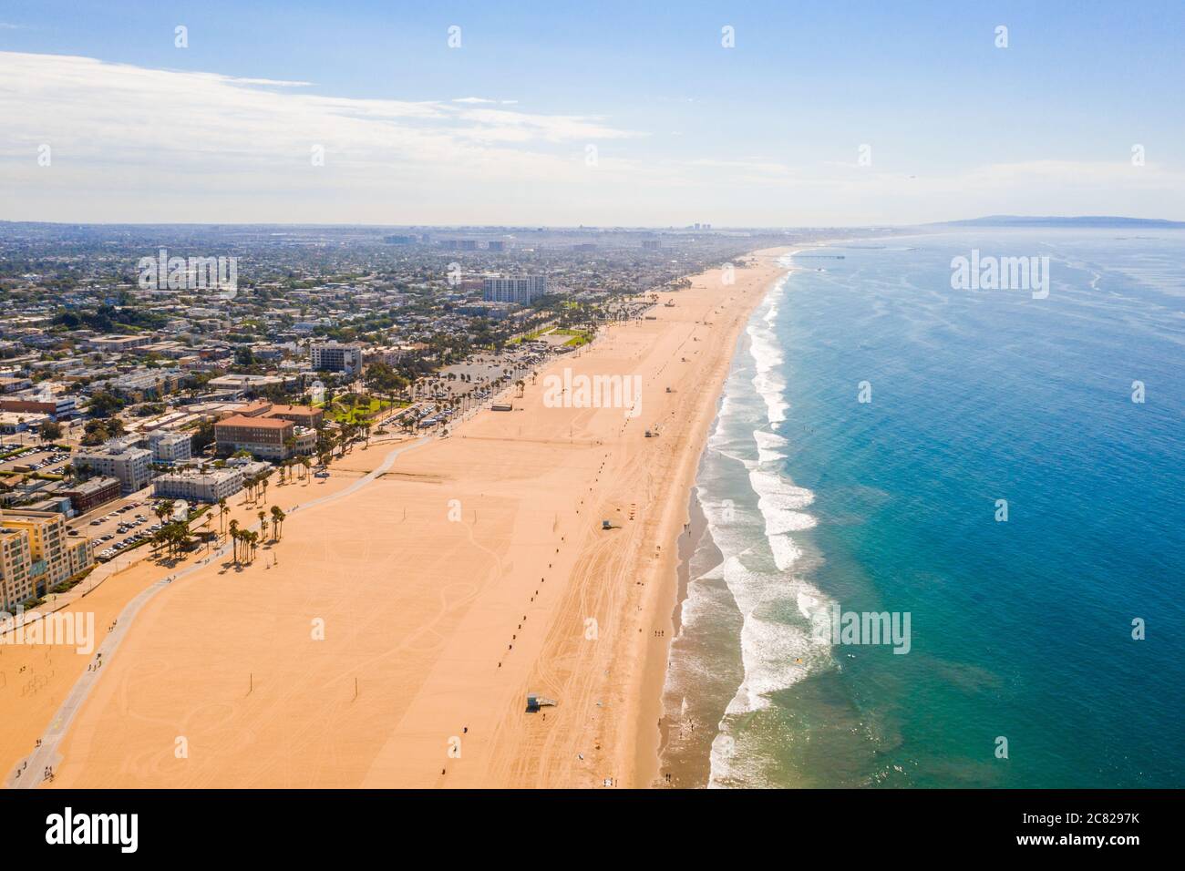 Aerial view of the Venice Beach coastline in Los Angeles on a bright ...