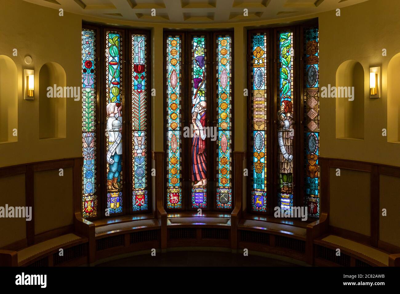 Stainde glass windows in Kansallismuseo, the National Museum, in Helsinki, Finland Stock Photo