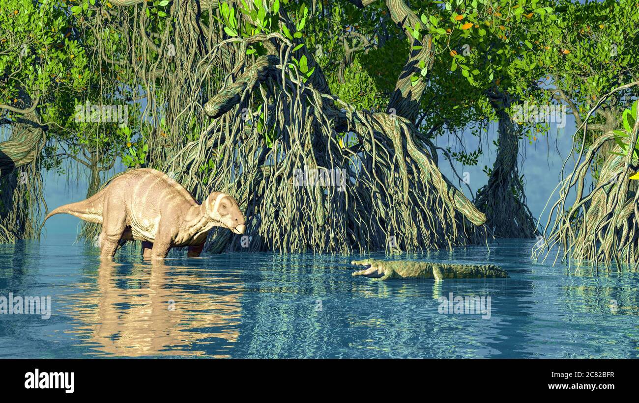 A green iguanadon dinosaur glade 3d rendering Stock Photo