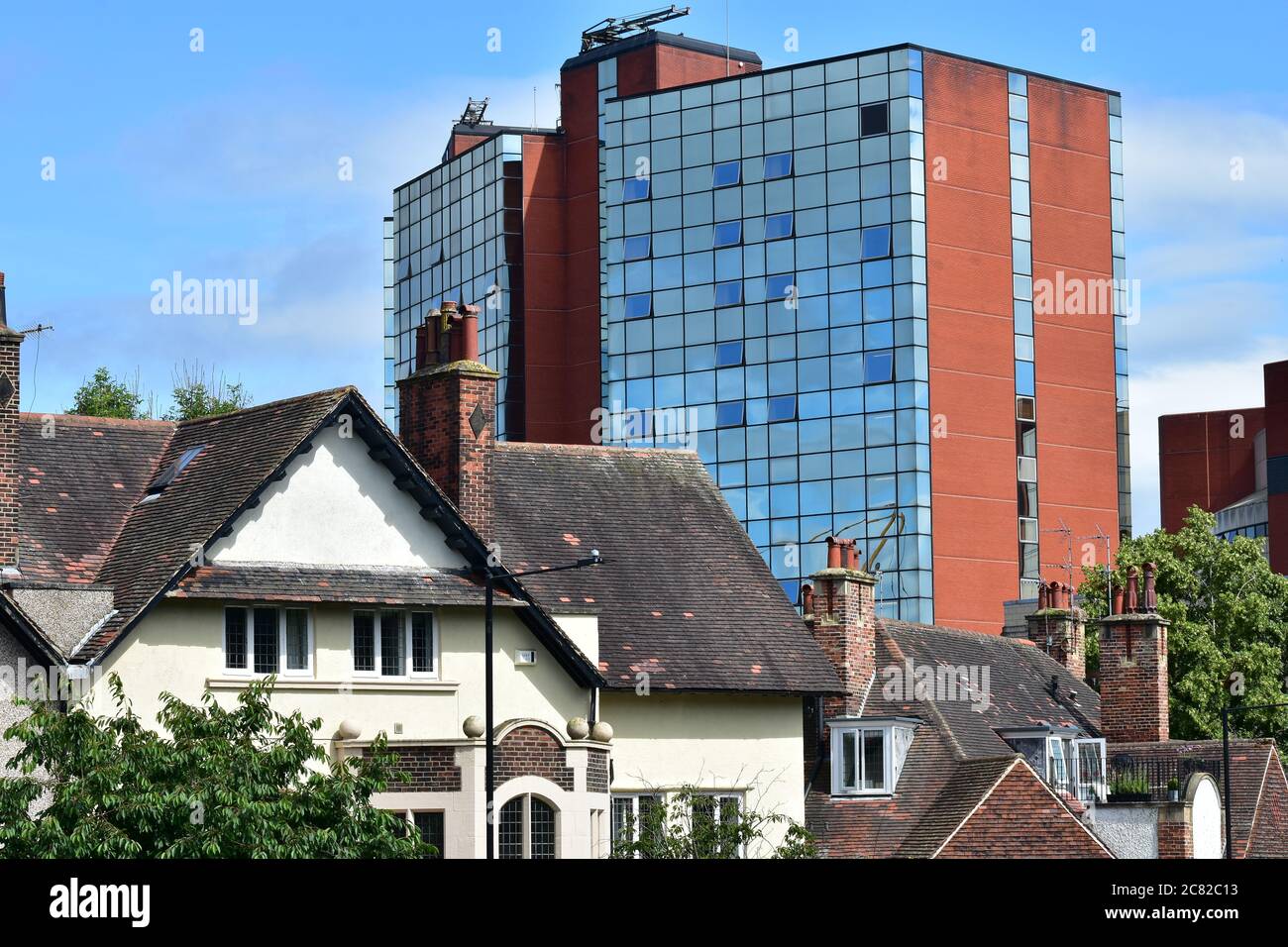 Old and new buildings seen from Spring Grove in Harrogate town centre, North Yorkshire Stock Photo