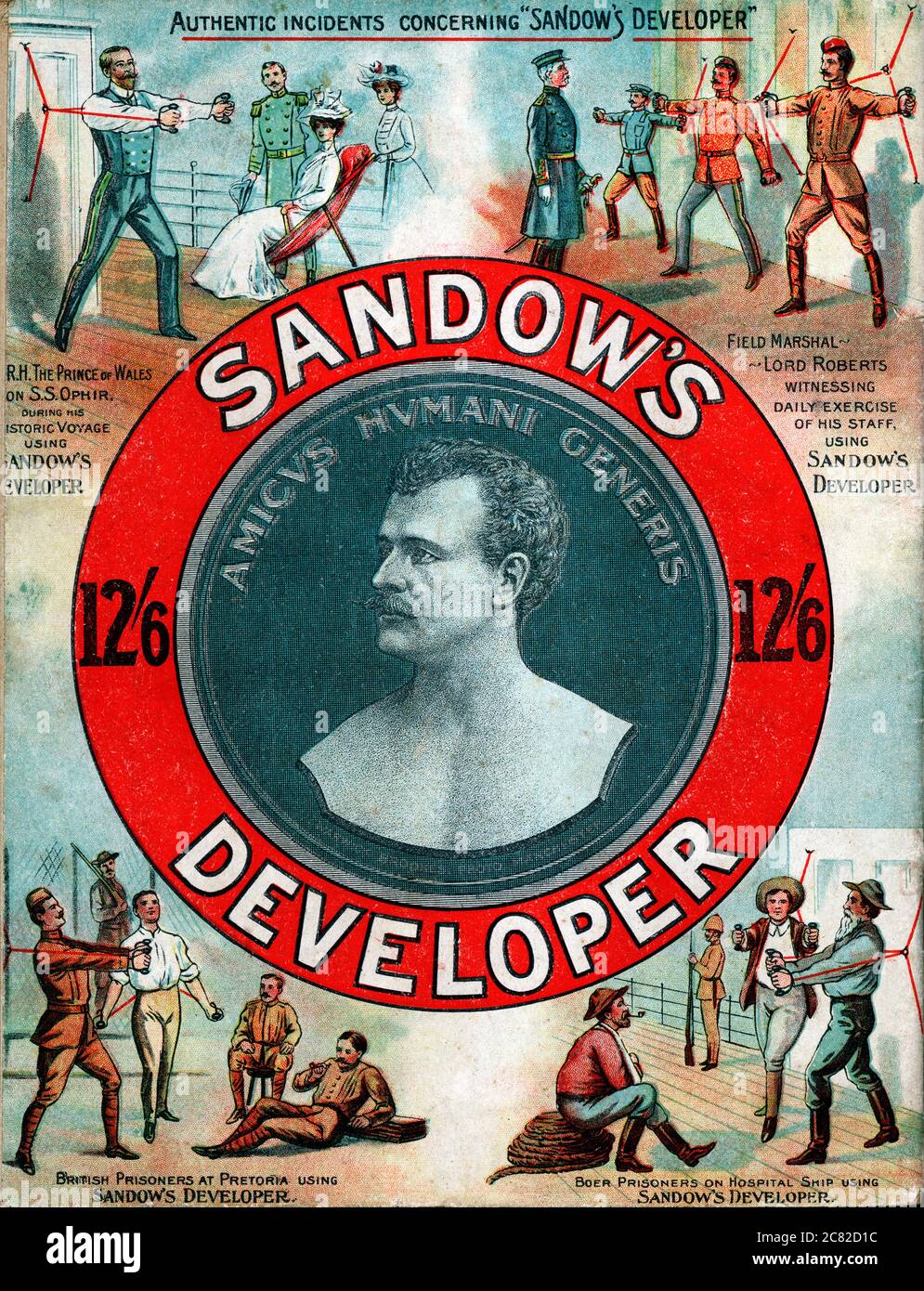 Sandow's Developer, 1901 advert for the weighted cord system from Eugen Sandow, the father of modern body building and the world's highest paid vaudeville performer, designed to give you a manly chest Stock Photo