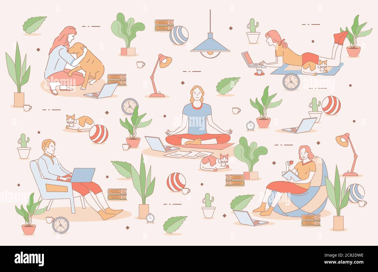 Work and life balance vector cartoon outline illustration. Happy ...