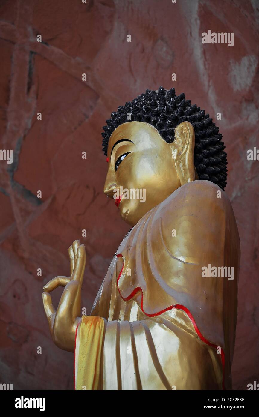 Big gilded statue-Standing Buddha-Tibetan Buddhist Hall-Thirtythree Heaven Grottoes-MatiSi. Sunan County-Zhangye-Gansu-China-0974 Stock Photo